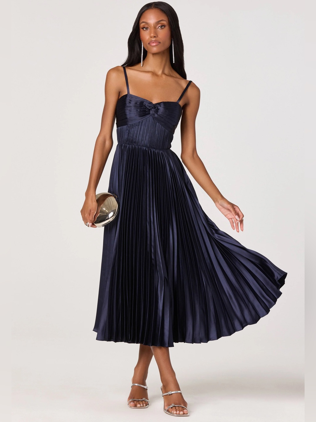 Nwt Astr The Label Ascella Sweetheart Pleated Midi Dress Navy Blue $188 M